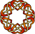 Red and yellow Celtic circle scroll work showing hearts